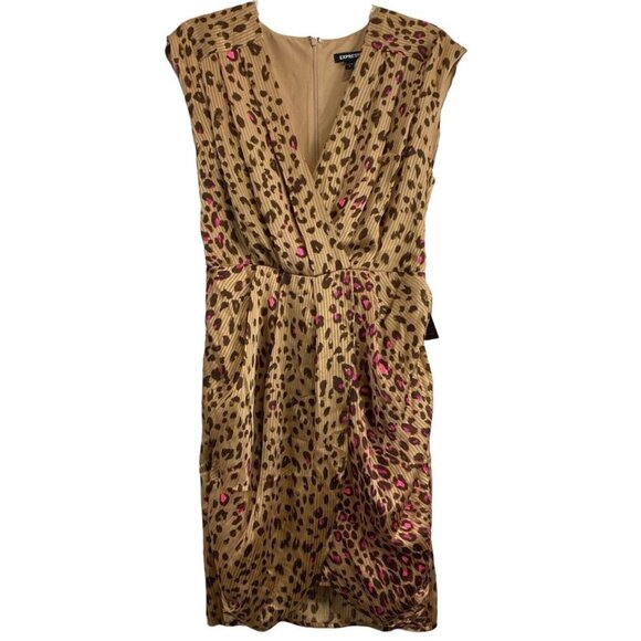 Express Women Brown Leopard Pleated V-Neck Cocktail Dress Medium NWT - Picture 5 of 10